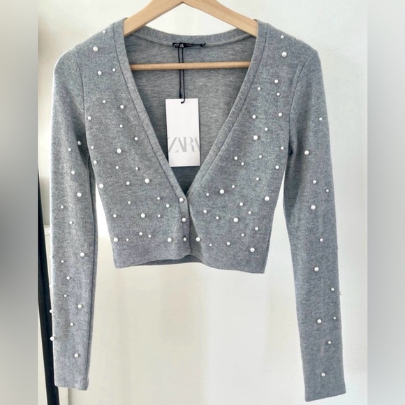 Zara Sweaters - Zara Light Gray Pearl-Studded Cardigan Sweater Sz M
